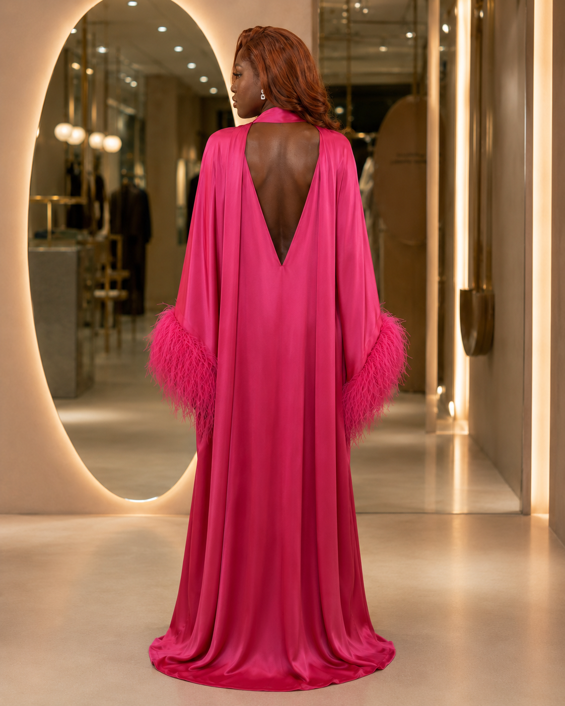 Opulence Gown | Fuchsia Feather-Trim Satin Evening Dress